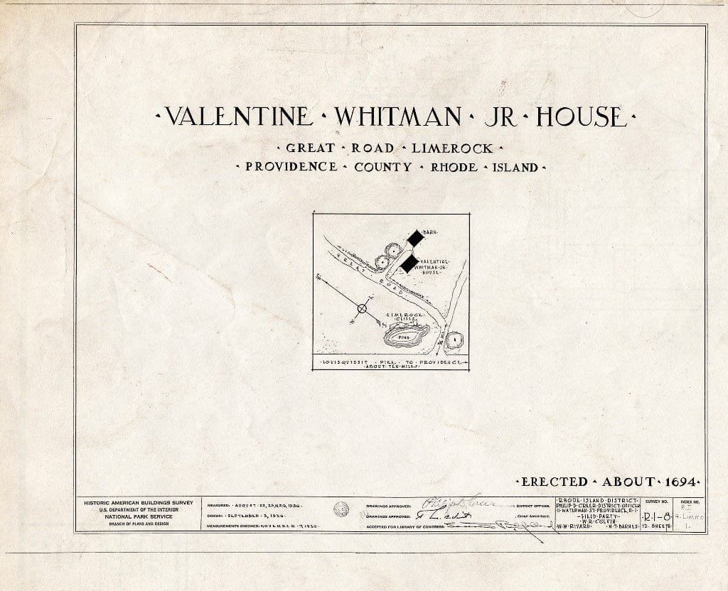 Blueprint HABS RI,4-LIMRO,1- (Sheet 0 of 12) - Valentine Whitman, Jr. House, Great Road & Meetinghouse Road, Lime Rock, Providence County, RI