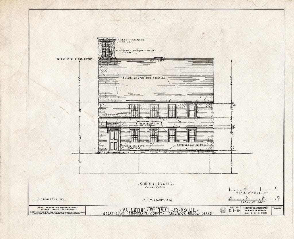 Blueprint HABS RI,4-LIMRO,1- (Sheet 5 of 12) - Valentine Whitman, Jr. House, Great Road & Meetinghouse Road, Lime Rock, Providence County, RI