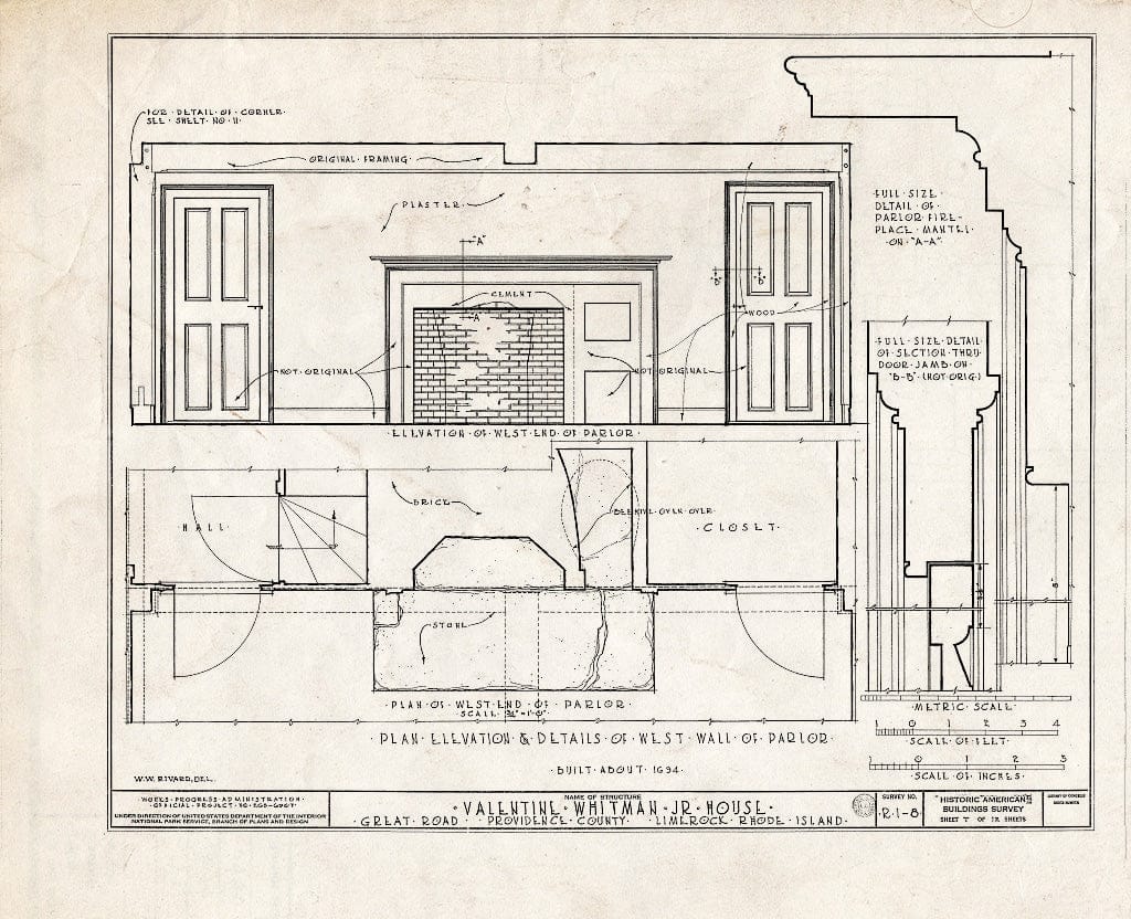 Blueprint HABS RI,4-LIMRO,1- (Sheet 7 of 12) - Valentine Whitman, Jr. House, Great Road & Meetinghouse Road, Lime Rock, Providence County, RI