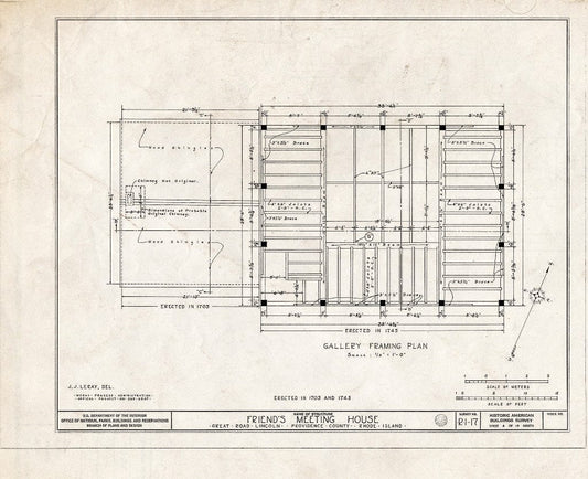 Blueprint 4. Gallery framing Plan - Friends Meetinghouse, Great Road, Saylesville, Providence County, RI