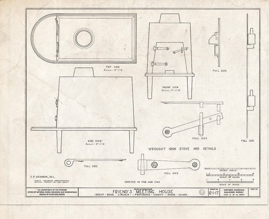 Blueprint 17. Wrought Iron Stove and Details - Friends Meetinghouse, Great Road, Saylesville, Providence County, RI