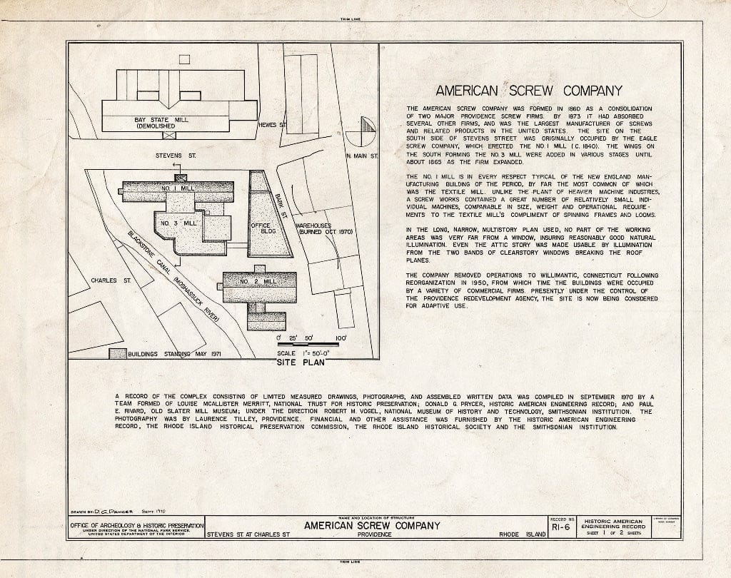 Blueprint HAER RI,4-PROV,172- (Sheet 1 of 2) - American Screw Company, Stevens Street, Providence, Providence County, RI