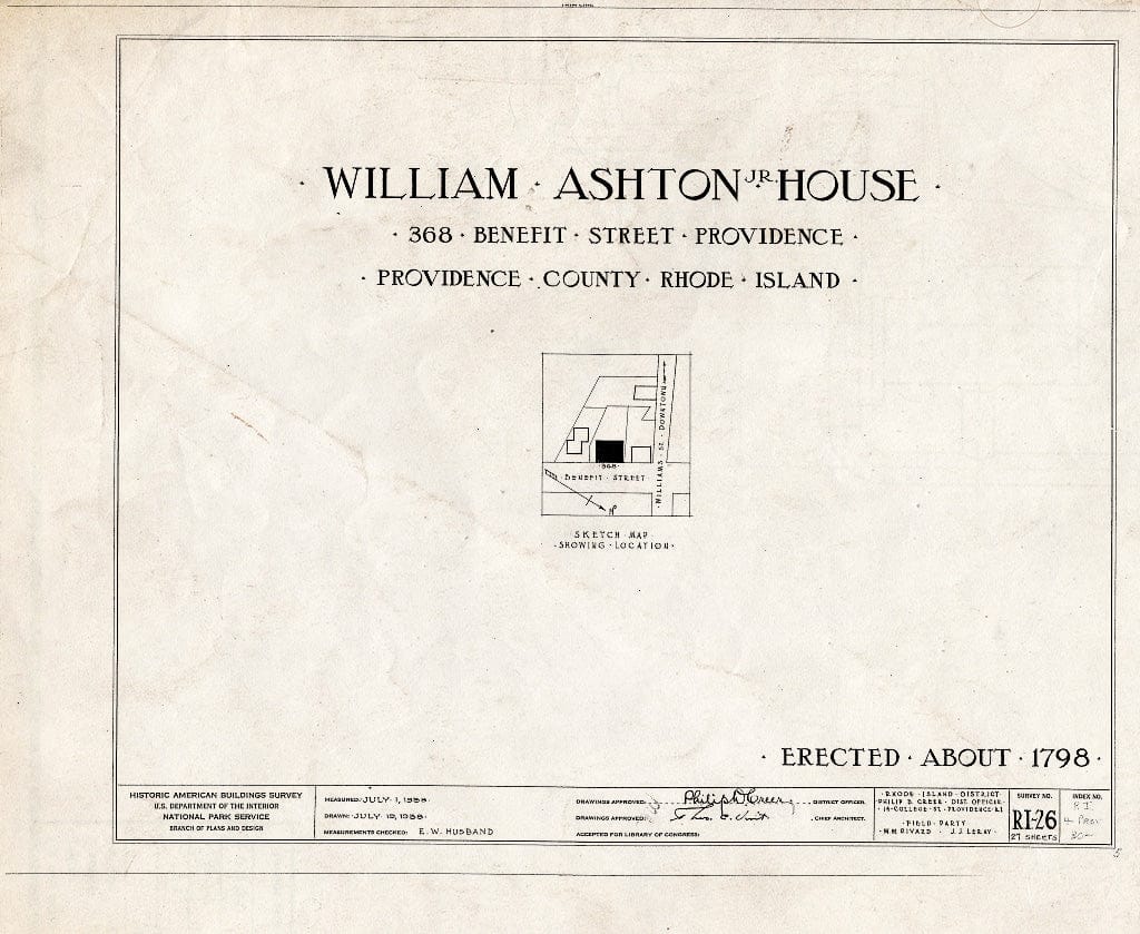 Blueprint HABS RI,4-PROV,30- (Sheet 0 of 27) - William Ashton, Jr. House, 368 Benefit Street, Providence, Providence County, RI