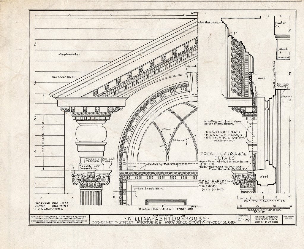 Blueprint HABS RI,4-PROV,30- (Sheet 9 of 27) - William Ashton, Jr. House, 368 Benefit Street, Providence, Providence County, RI