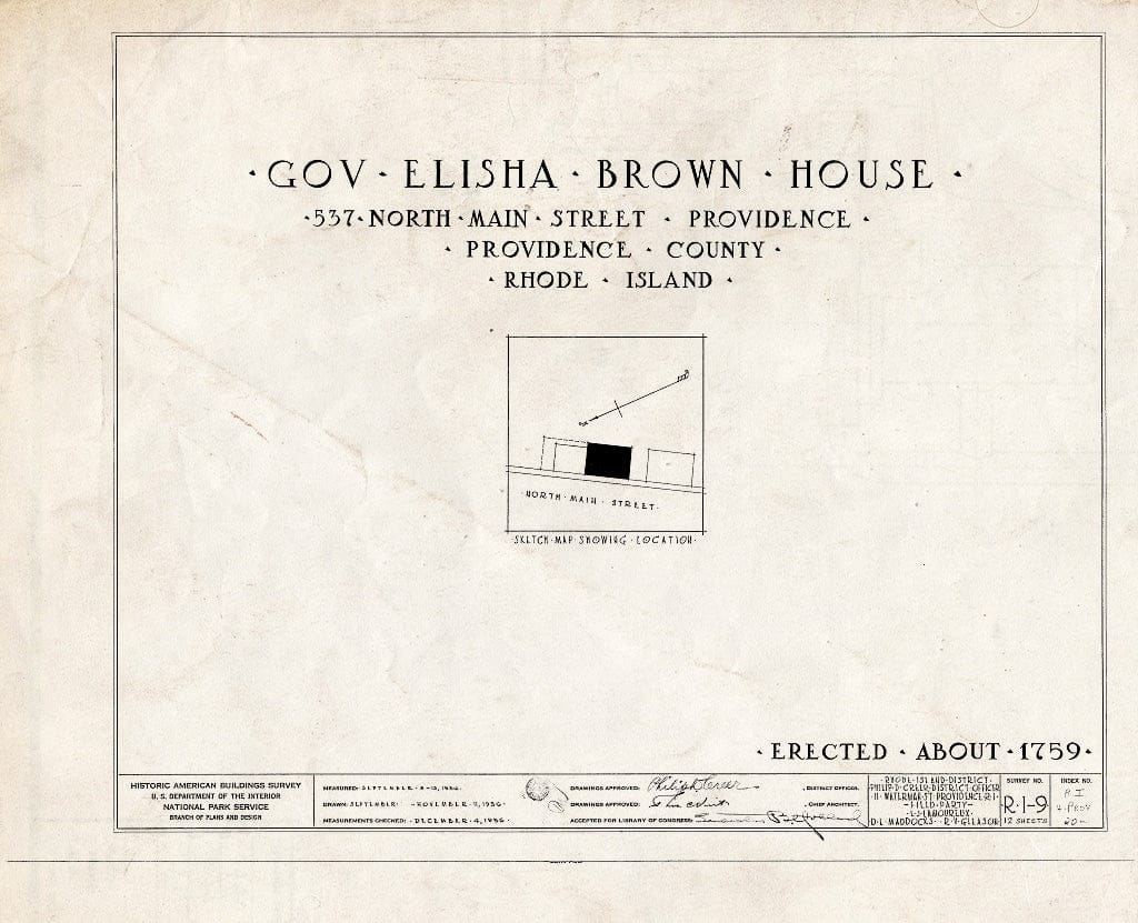 Blueprint HABS RI,4-PROV,20- (Sheet 0 of 12) - Governor Elisha Brown House, 537 North Main Street, Providence, Providence County, RI