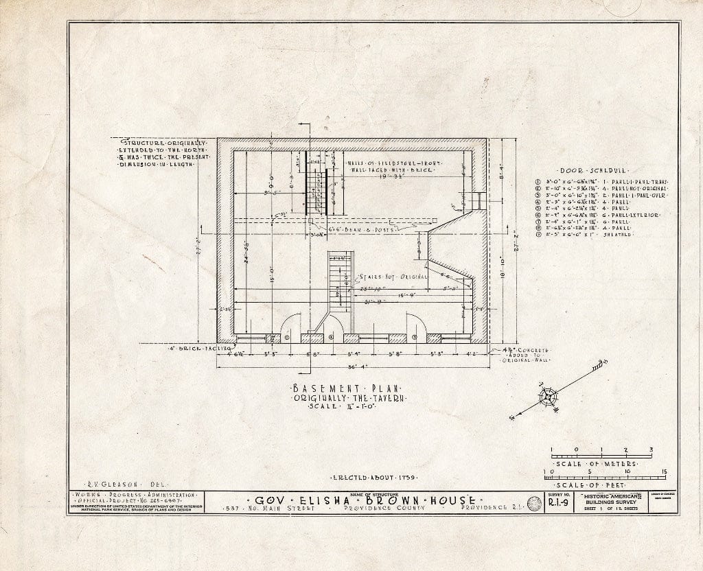 Blueprint HABS RI,4-PROV,20- (Sheet 1 of 12) - Governor Elisha Brown House, 537 North Main Street, Providence, Providence County, RI