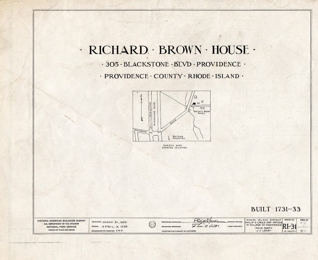 Blueprint HABS RI,4-PROV,34- (Sheet 0 of 12) - Richard Brown House, 587 Rochambeau Avenue, Providence, Providence County, RI