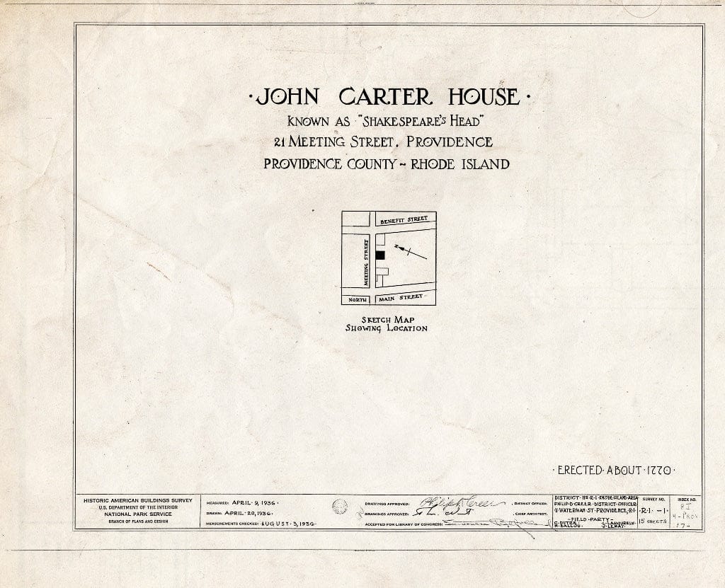 Blueprint HABS RI,4-PROV,17- (Sheet 0 of 15) - John Carter House, 21 Meeting Street, Providence, Providence County, RI