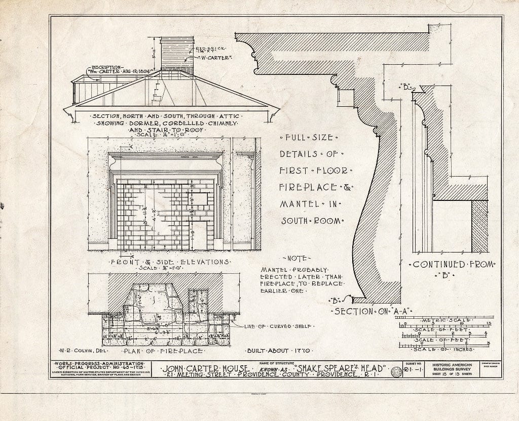 Blueprint HABS RI,4-PROV,17- (Sheet 15 of 15) - John Carter House, 21 Meeting Street, Providence, Providence County, RI