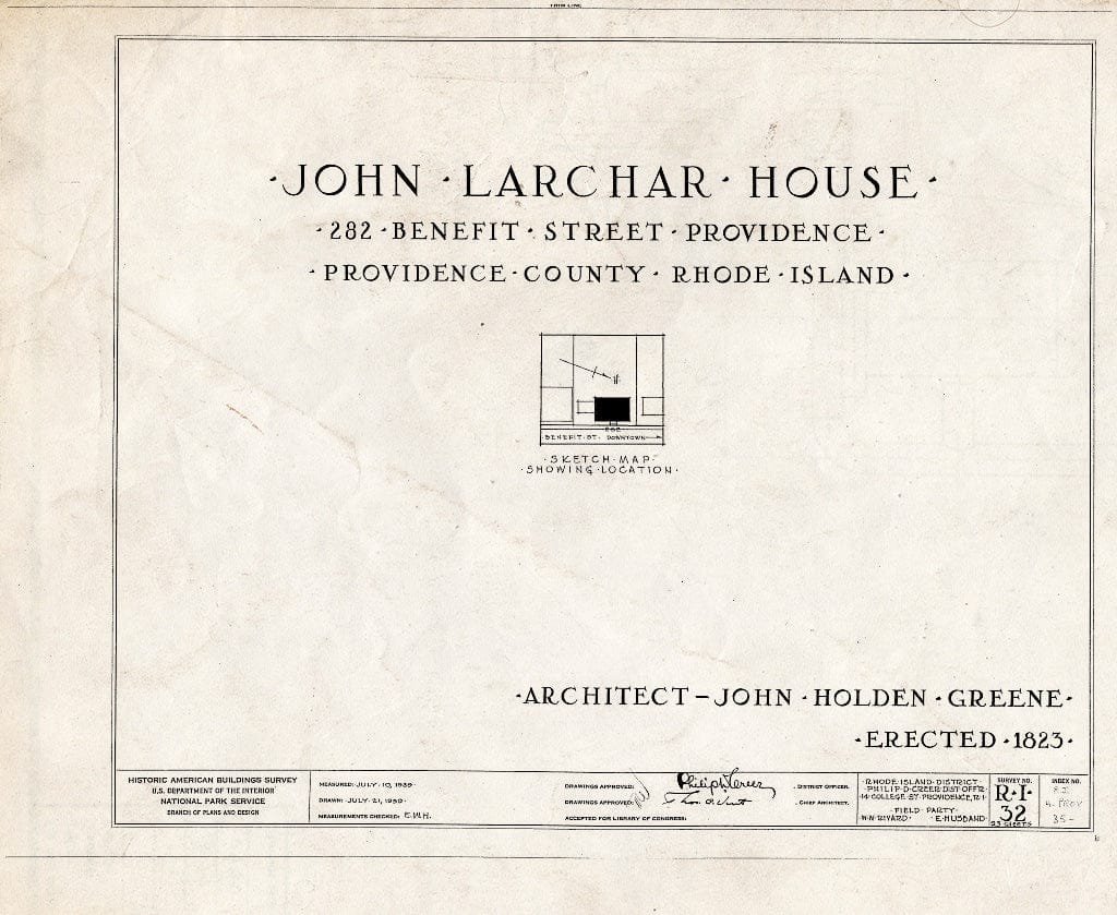 Blueprint HABS RI,4-PROV,35- (Sheet 0 of 23) - John Larchar House, 282 Benefit Street, Providence, Providence County, RI
