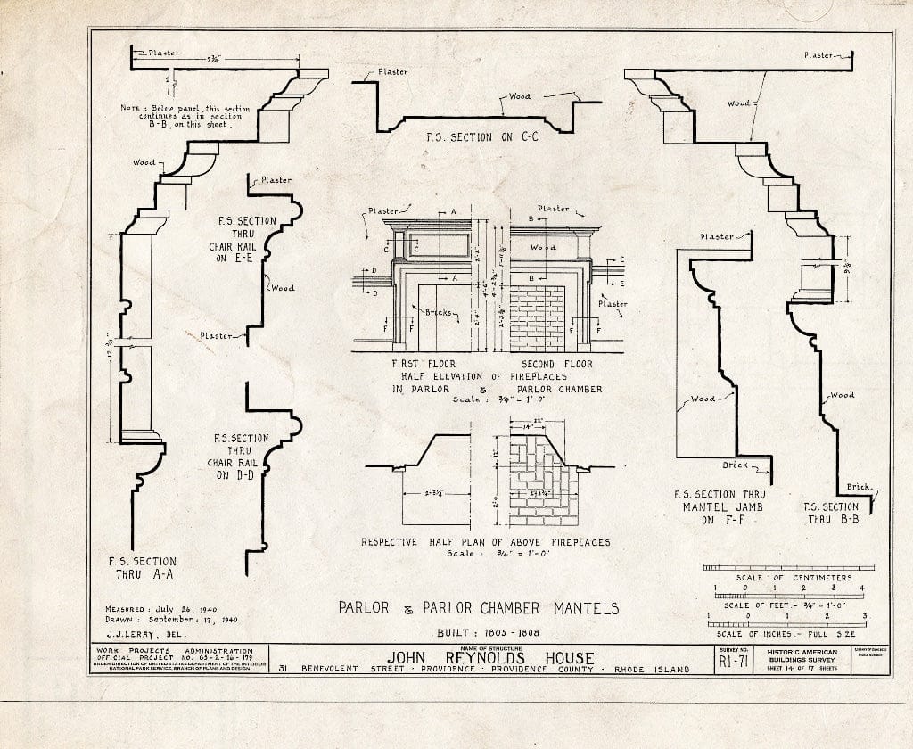 Blueprint HABS RI,4-PROV,40- (Sheet 14 of 17) - John Reynolds House, 81 Power Street (Moved from 31 Benevolent Street), Providence, Providence County, RI