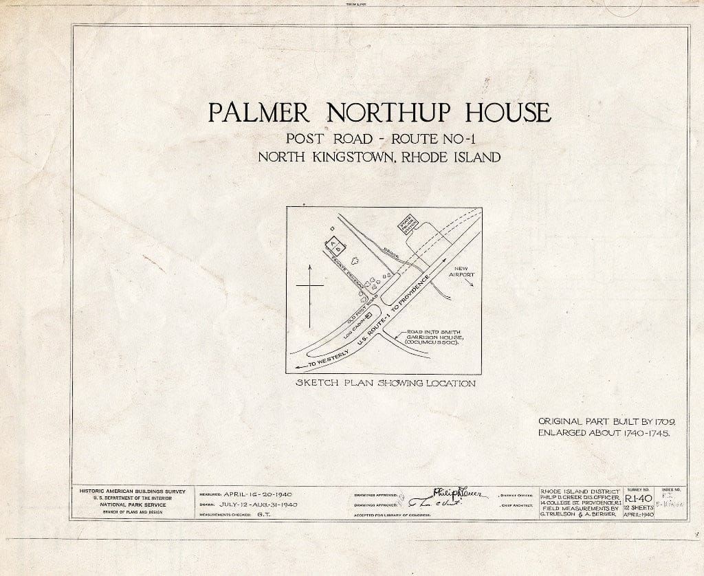 Blueprint HABS RI,5-KINGN,4- (Sheet 0 of 12) - Palmer Northrup House, 7919 Post Road (U.S. Route Alternate 1), Kingston, Washington County, RI