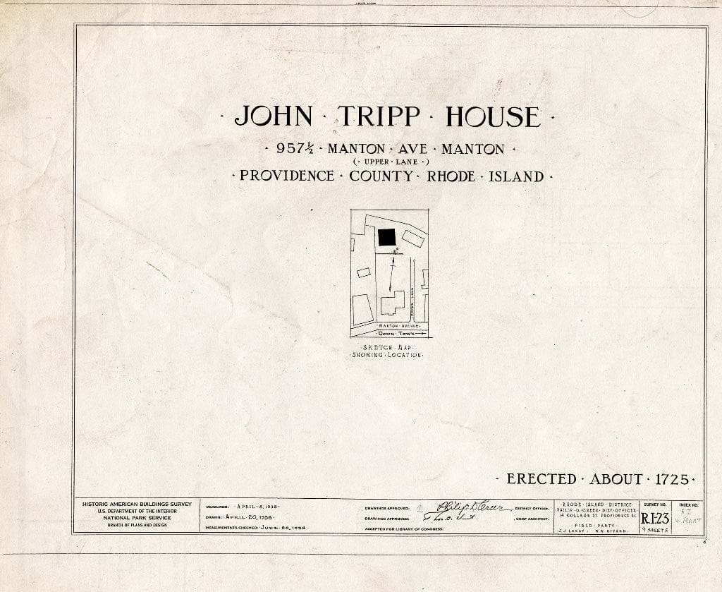 Blueprint HABS RI,4-MANT,2- (Sheet 0 of 9) - John Tripp House, (Moved from 953 1/2 Manton Avenue, Manton), Manton, Providence County, RI