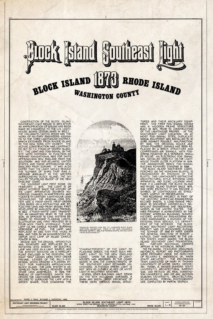 Blueprint HAER RI,5-NESH,1- (Sheet 1 of 12) - Block Island Southeast Light, Spring Street & Mohegan Trail at Mohegan Bluffs, New Shoreham, Washington County, RI