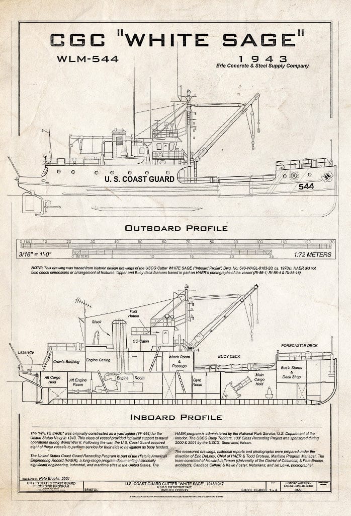 Blueprint HAER RI,1-BRIST.V,1- (Sheet 1 of 4) - U.S. Coast Guard Cutter White SAGE, U.S. Coast Guard 1st District Base, 1 Thames Street, Bristol, Bristol County, RI