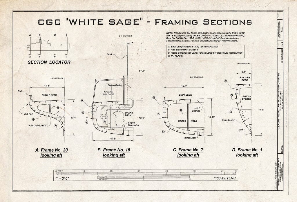 Blueprint HAER RI,1-BRIST.V,1- (Sheet 3 of 4) - U.S. Coast Guard Cutter White SAGE, U.S. Coast Guard 1st District Base, 1 Thames Street, Bristol, Bristol County, RI