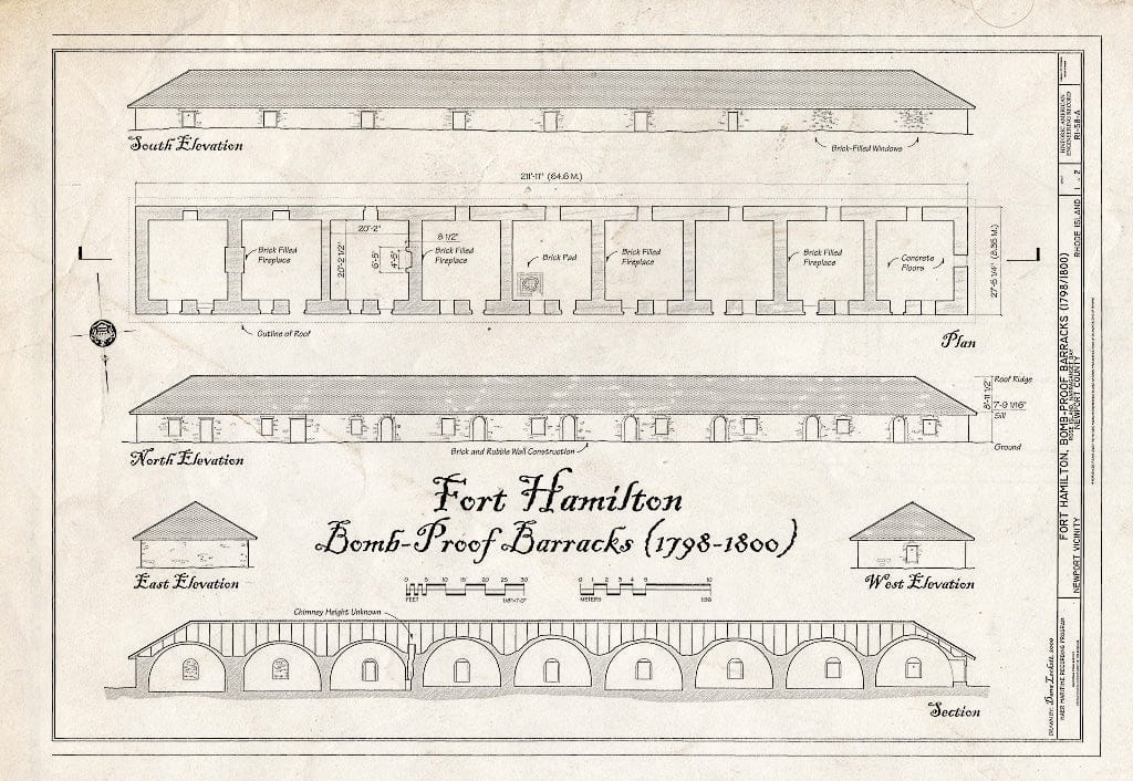 Blueprint HAER RI-58-A (Sheet 1 of 2) - Fort Hamilton, Bomb-Proof Barracks, Rose Island, Newport, Newport County, RI