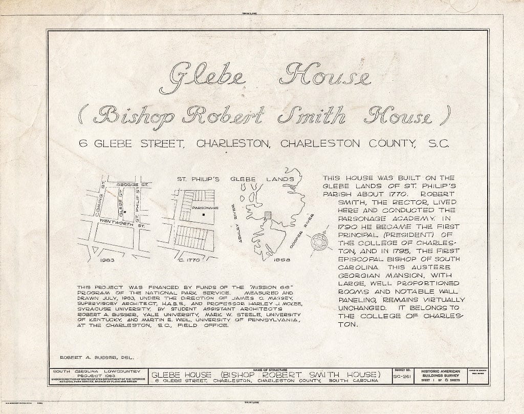 Blueprint HABS SC,10-Char,169- (Sheet 1 of 8) - Glebe House, 6 Glebe Street, Charleston, Charleston County, SC