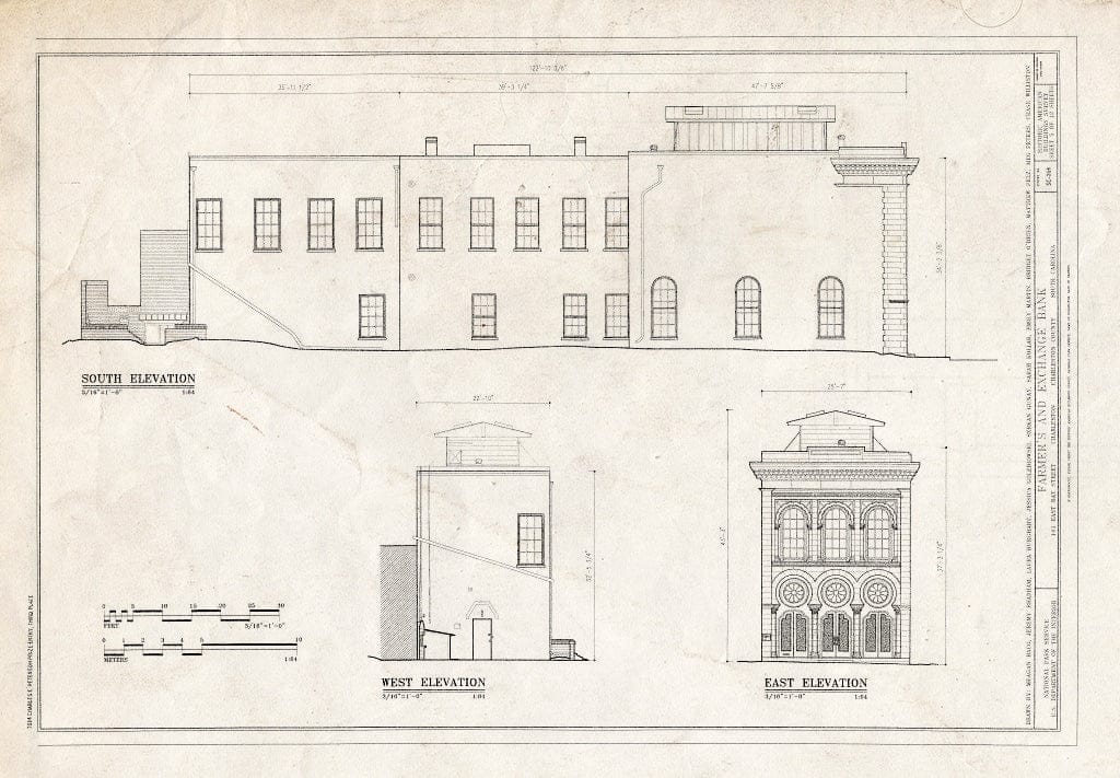 Blueprint South, West & East Elevations - Farmers' & Exchange Bank, 141 East Bay Street, Charleston, Charleston County, SC