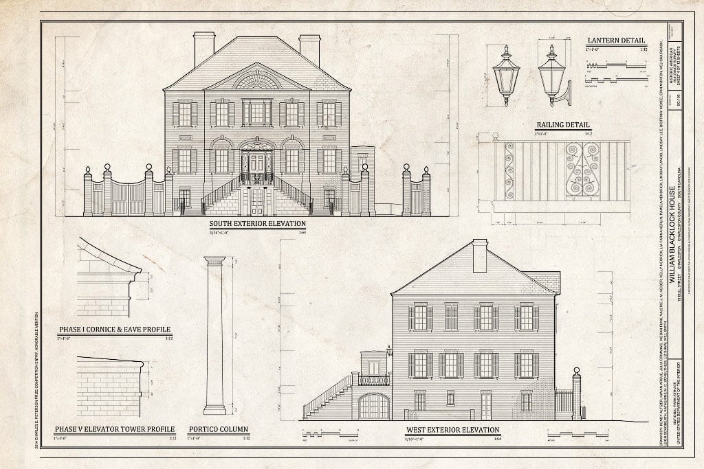 Blueprint South Exterior Elevation, West Exterior Elevation, Details - William Blacklock House, 18 Bull Street, Charleston, Charleston County, SC