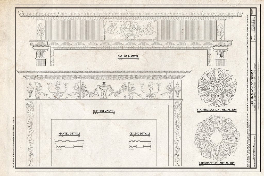 Blueprint Mantel Details and Ceiling Details - William Blacklock House, 18 Bull Street, Charleston, Charleston County, SC