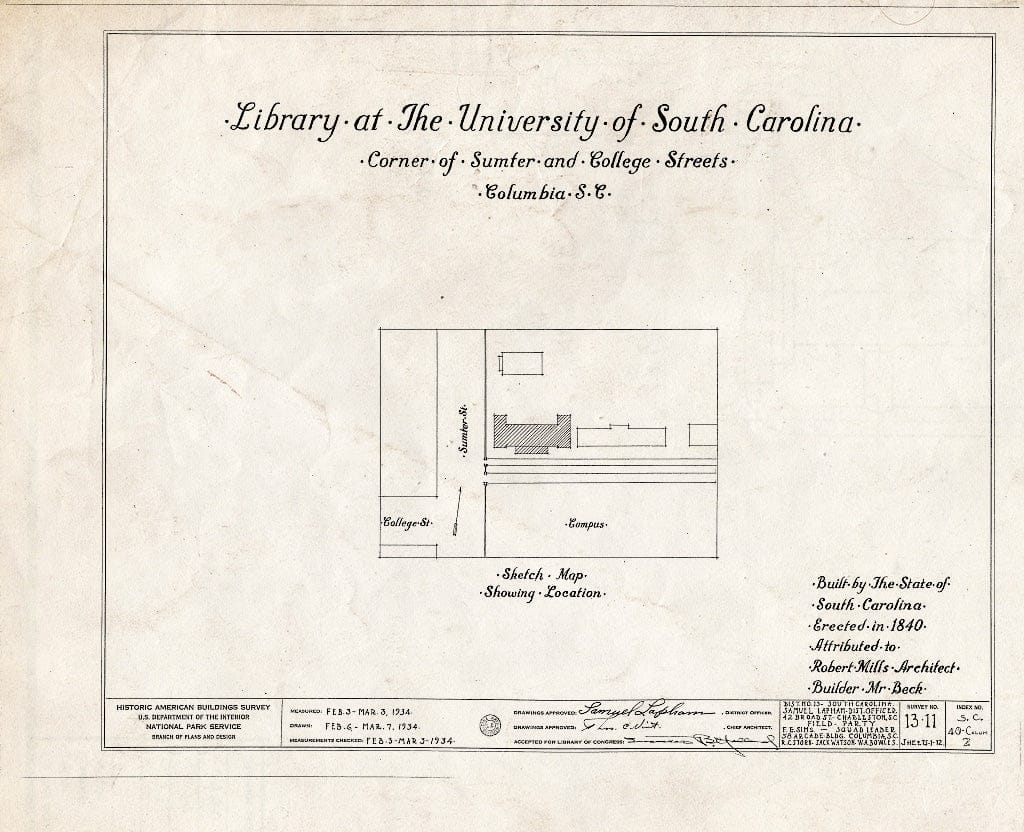 Blueprint HABS SC,40-COLUM,2A- (Sheet 0 of 12) - University of South Carolina, Library, South Sumter Street, Columbia, Richland County, SC