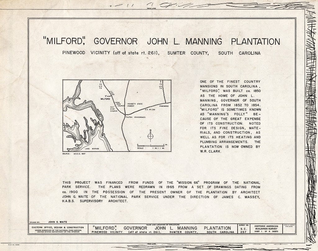 Blueprint HABS SC,43-PINWO.V,1- (Sheet 1 of 4) - Milford, Wedgefield-Rimini Road, Pinewood, Sumter County, SC