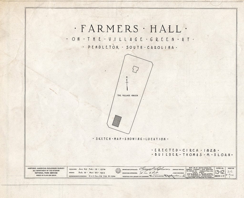 Blueprint HABS SC,4-Pend,1- (Sheet 0 of 7) - Farmers' Hall, Village Green, Pendleton, Anderson County, SC
