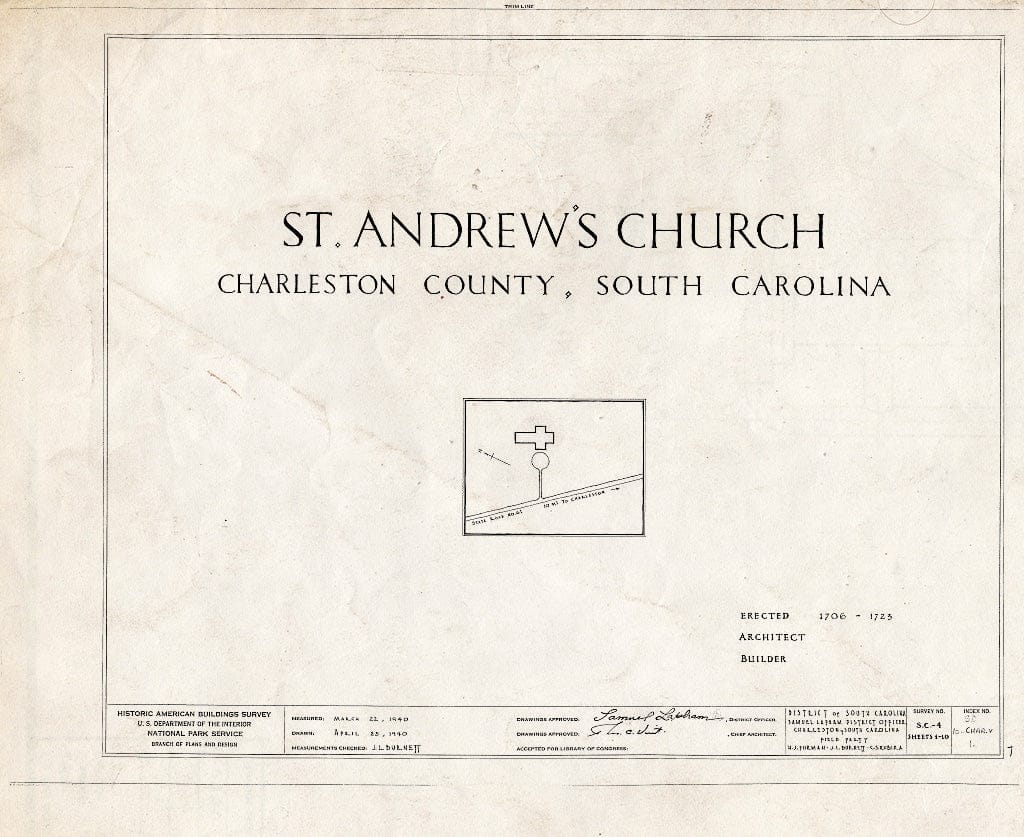 Blueprint HABS SC,10-Char.V,1- (Sheet 0 of 10) - St. Andrew's Episcopal Church, State Route 61, Charleston, Charleston County, SC