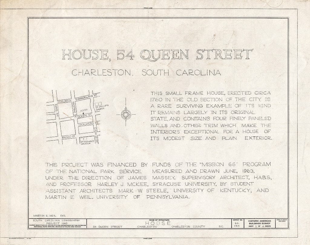 Blueprint HABS SC,10-Char,180- (Sheet 1 of 4) - 54 Queen Street (House), Charleston, Charleston County, SC