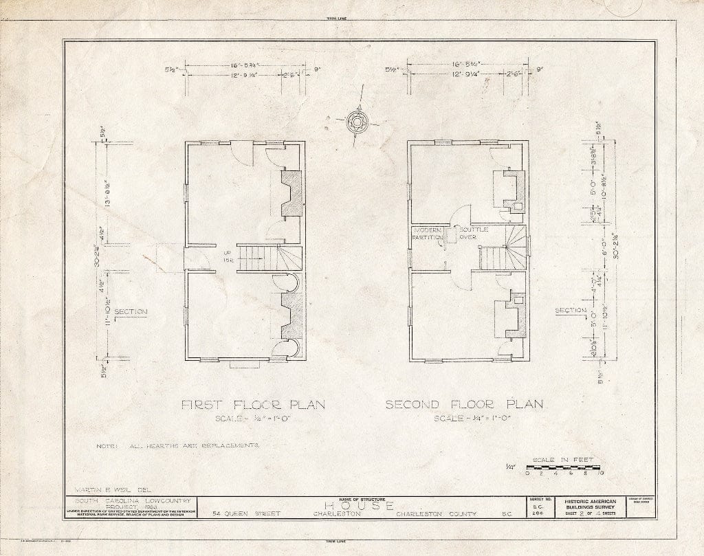 Blueprint HABS SC,10-Char,180- (Sheet 2 of 4) - 54 Queen Street (House), Charleston, Charleston County, SC