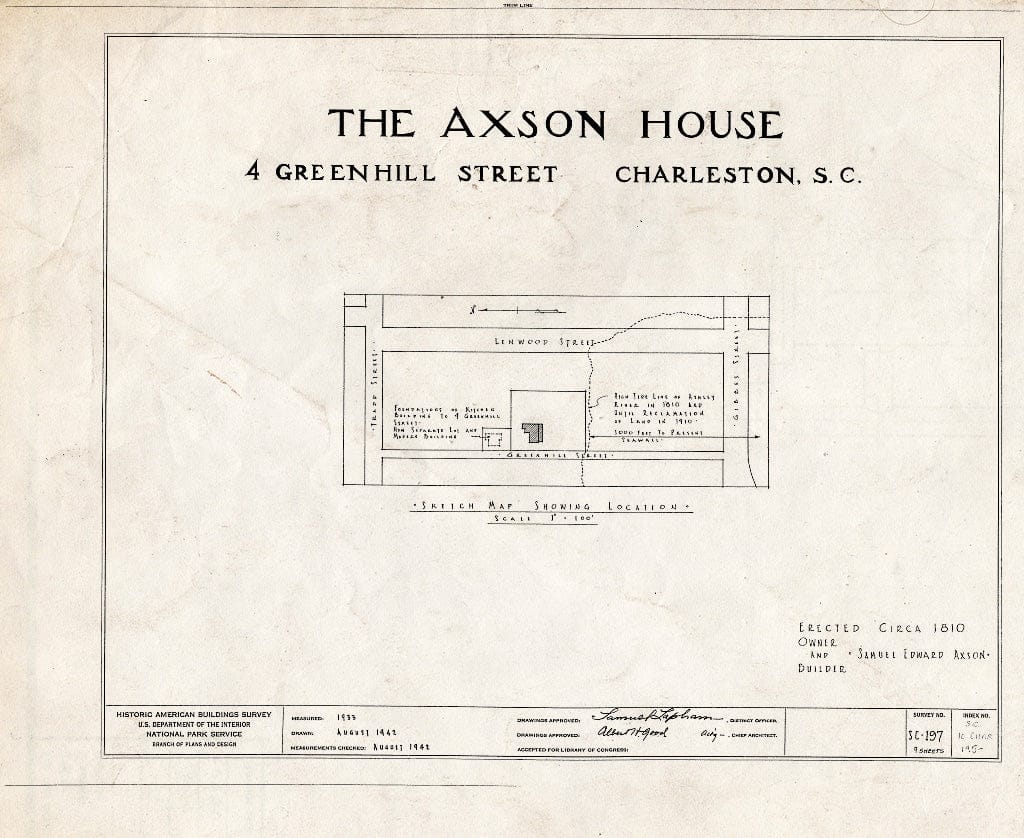 Blueprint HABS SC,10-Char,195- (Sheet 0 of 9) - Samuel Edward Axson House, 4 Greenhill Street, Charleston, Charleston County, SC