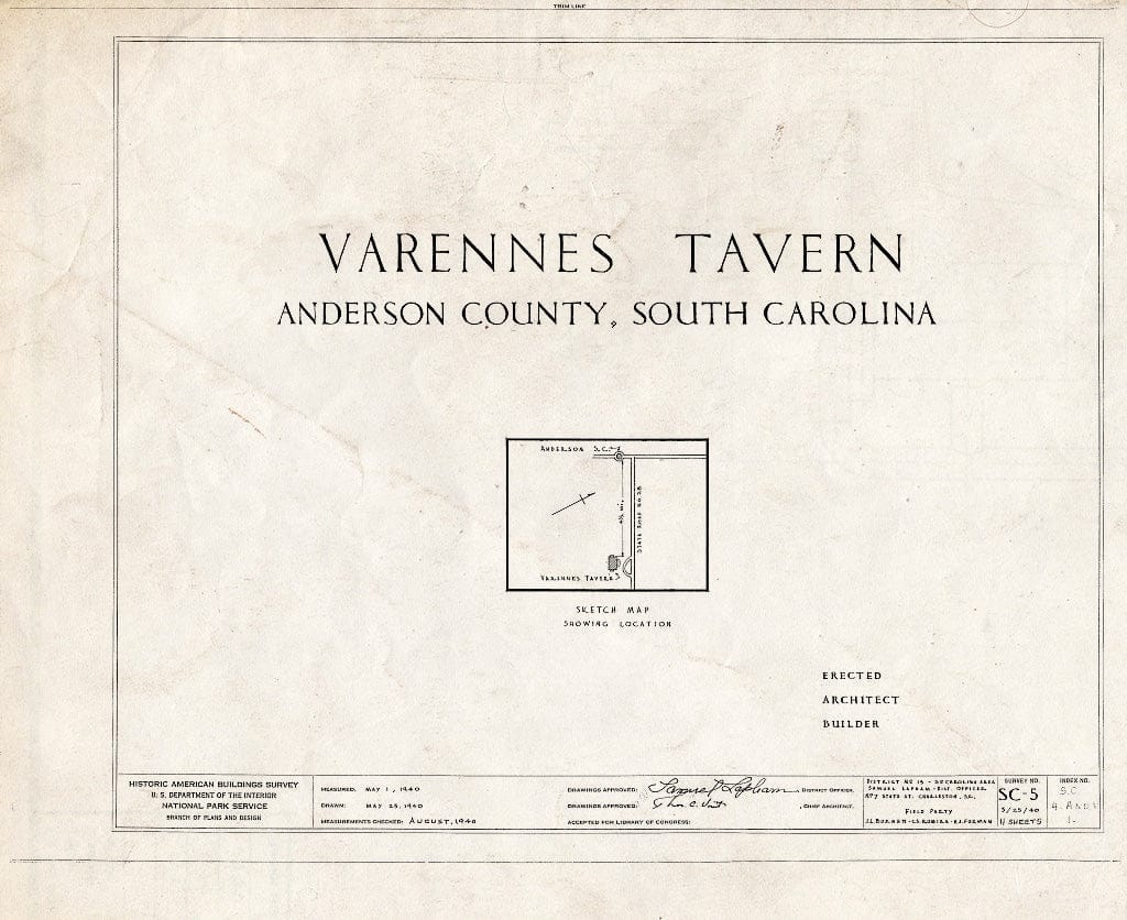 Blueprint HABS SC,4-and.V,1- (Sheet 0 of 11) - Varennes Tavern, Anderson, Anderson County, SC