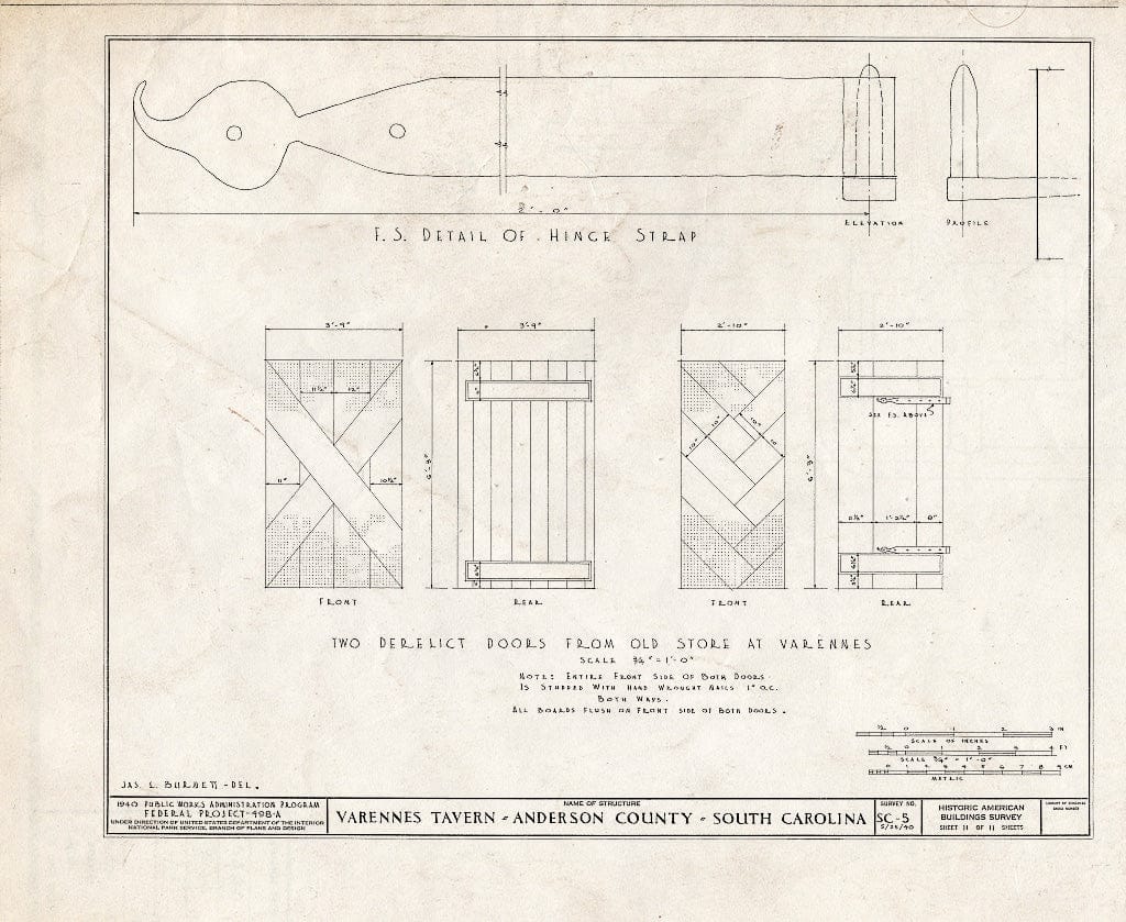 Blueprint HABS SC,4-and.V,1- (Sheet 11 of 11) - Varennes Tavern, Anderson, Anderson County, SC