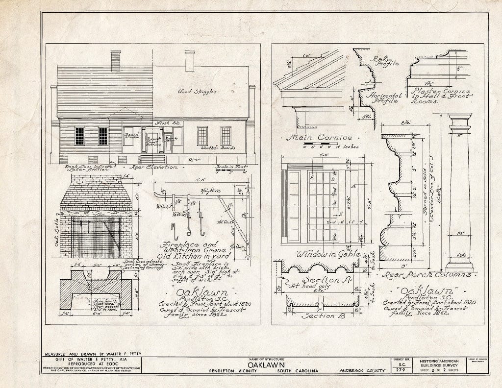 Blueprint Rear Elevation, Fireplace, Details - Oaklawn, Pendleton, Anderson County, SC