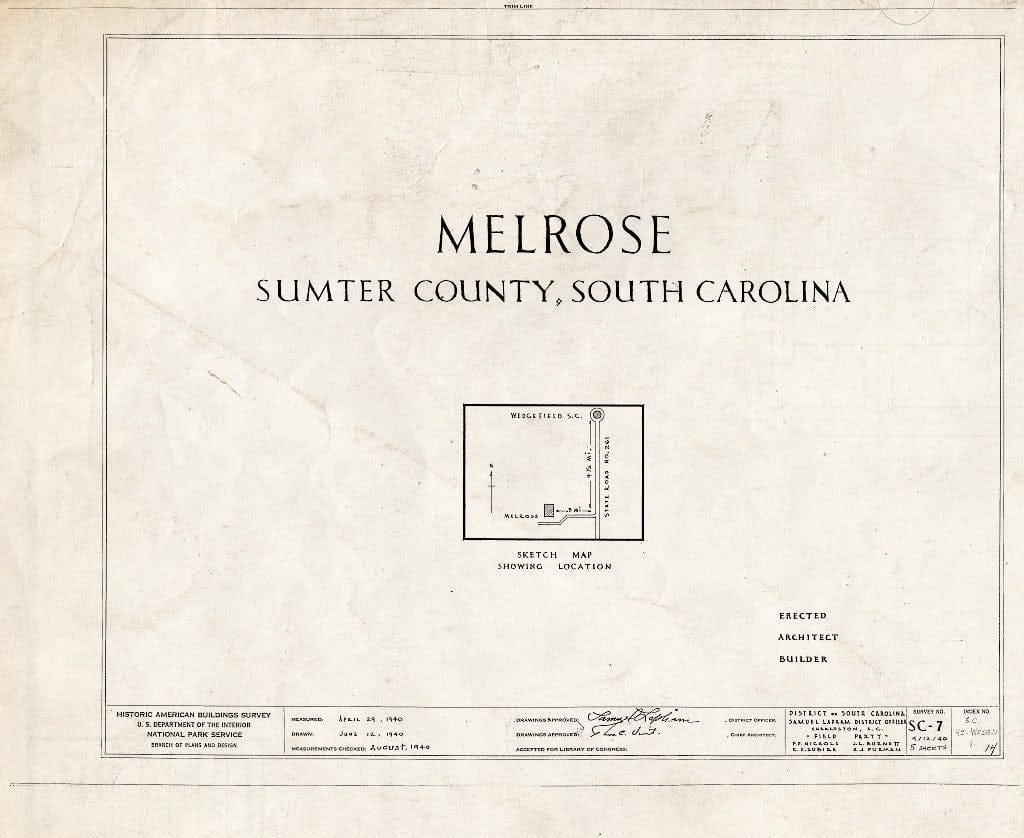 Blueprint HABS SC,43-WEDG.V,1- (Sheet 0 of 5) - Melrose, Kings Highway (State Route 261), Wedgefield, Sumter County, SC