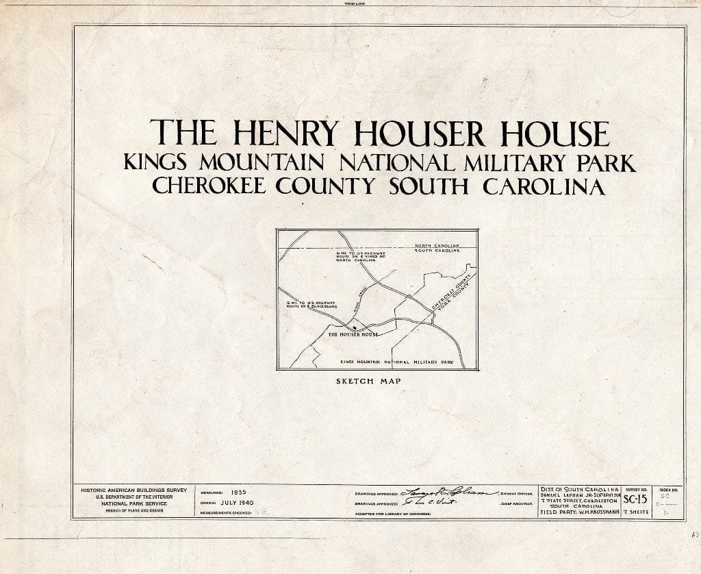 Blueprint HABS SC,11-,1- (Sheet 0 of 7) - Henry Houser House, Clover, York County, SC
