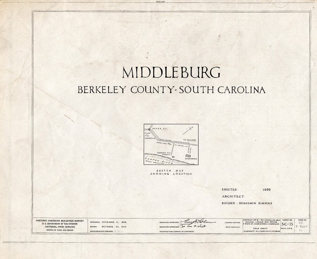 Blueprint HABS SC,8-Hug.V,1- (Sheet 0 of 3) - Middleburg, Cooper River, East Branch, Huger, Berkeley County, SC