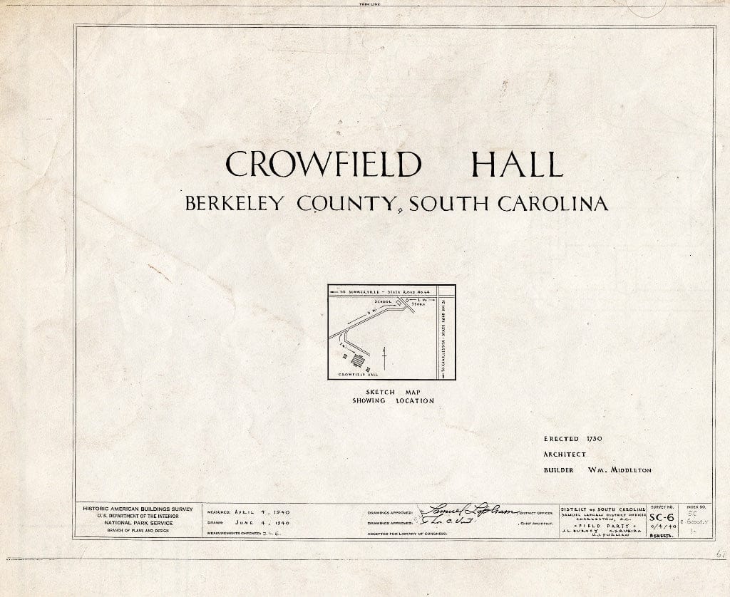 Blueprint HABS SC,8-GOOCR.V,1- (Sheet 0 of 5) - Crowfield Ruins, Goose Creek, Berkeley County, SC