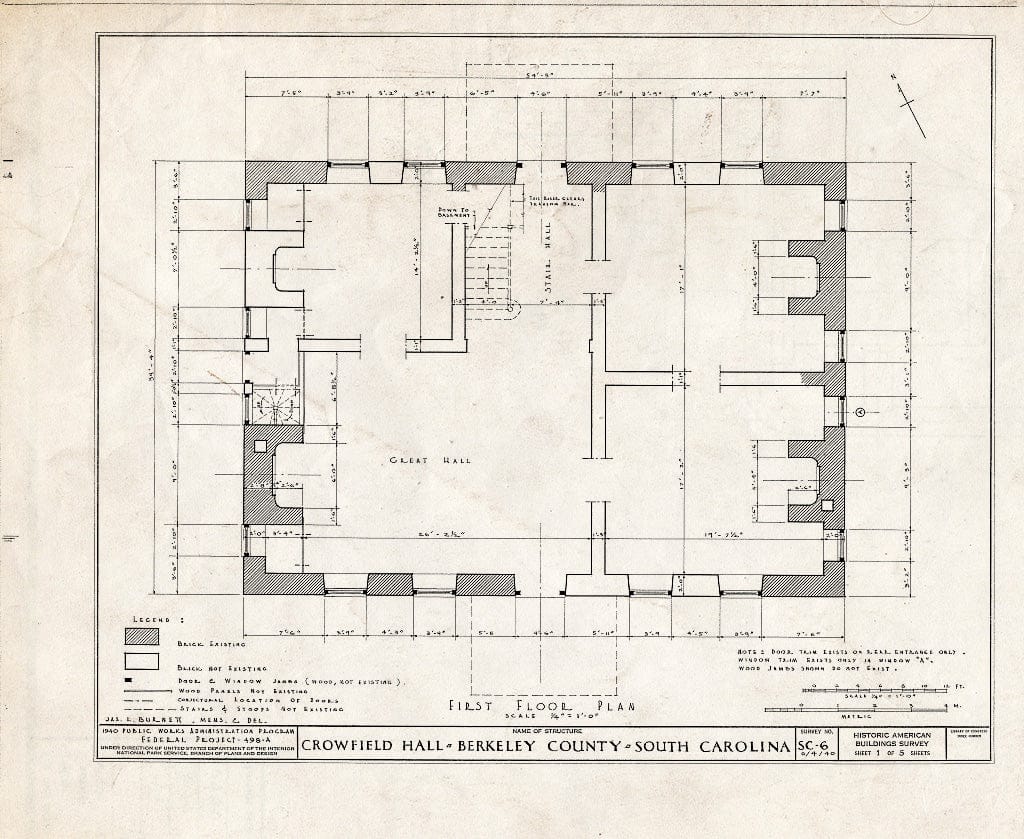 Blueprint HABS SC,8-GOOCR.V,1- (Sheet 1 of 5) - Crowfield Ruins, Goose Creek, Berkeley County, SC
