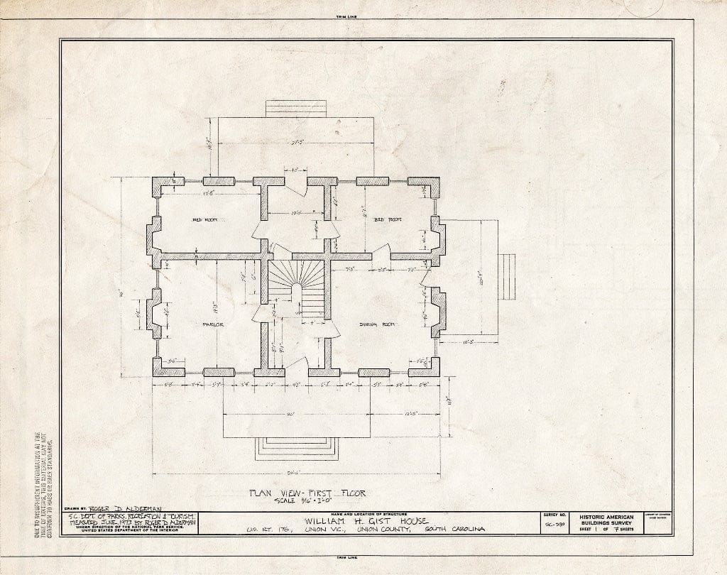 Blueprint HABS SC,44-UNI.V,1- (Sheet 1 of 7) - William H. Gist House, U.S. Route 176, Union, Union County, SC