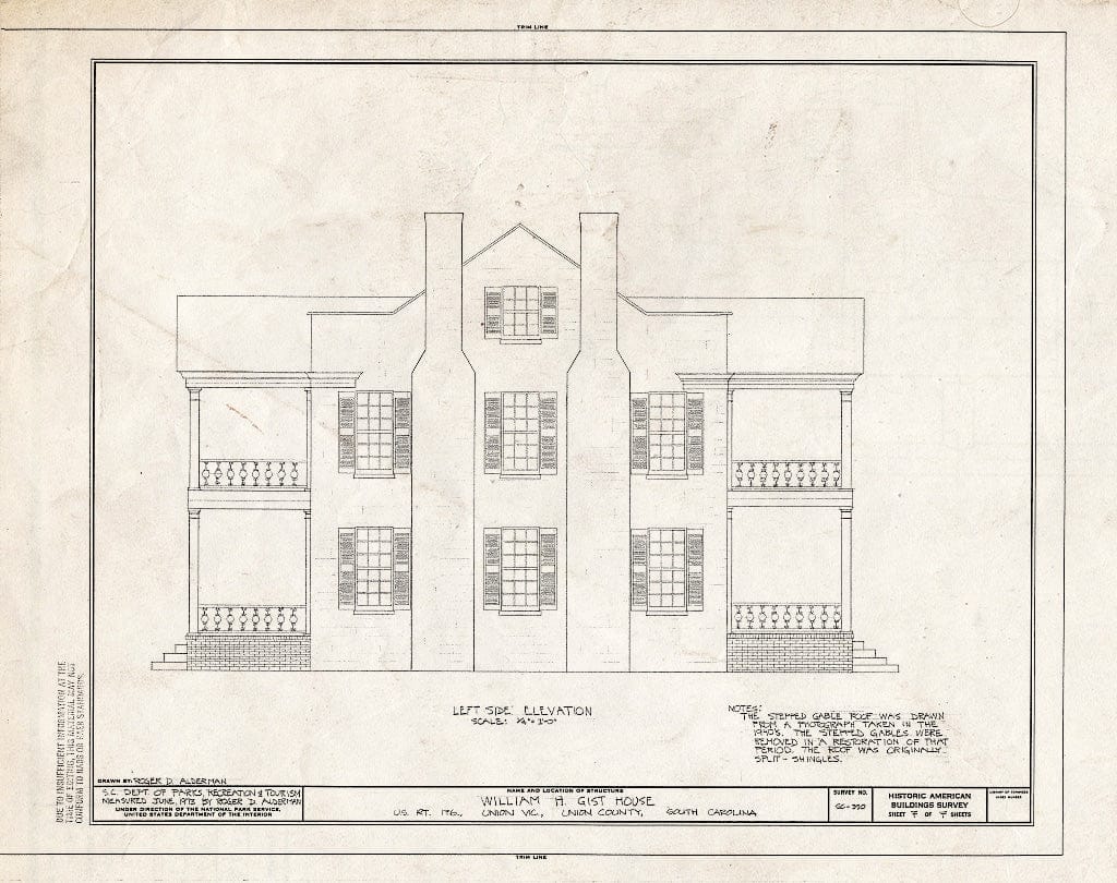 Blueprint HABS SC,44-UNI.V,1- (Sheet 7 of 7) - William H. Gist House, U.S. Route 176, Union, Union County, SC