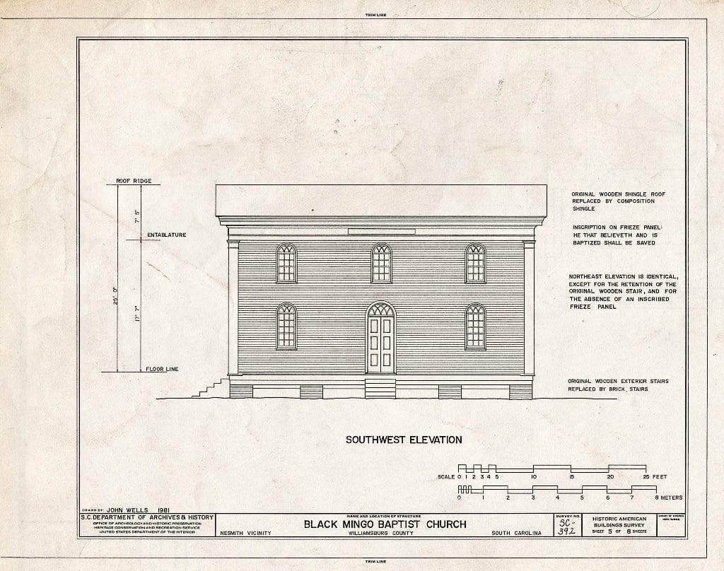 Blueprint HABS SC,45-NESM.V,1- (Sheet 5 of 8) - Black Mingo Baptist Church, SC Secondary Road 162, Nesmith, Williamsburg County, SC