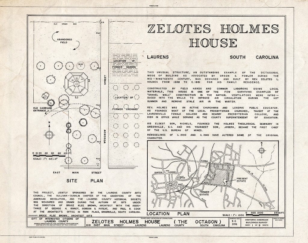 Blueprint HABS SC,30-LAUR,1- (Sheet 1 of 9) - Zelotes Holmes House, 619 East Main Street, Laurens, Laurens County, SC