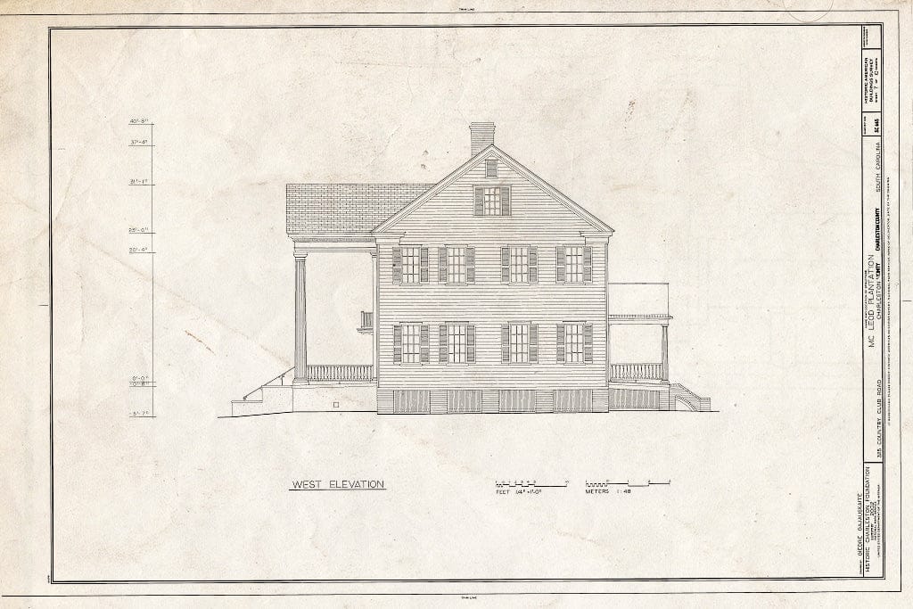 Blueprint WEST Elevation. - McLeod Plantation, 325 Country Club Drive, Charleston, Charleston County, SC