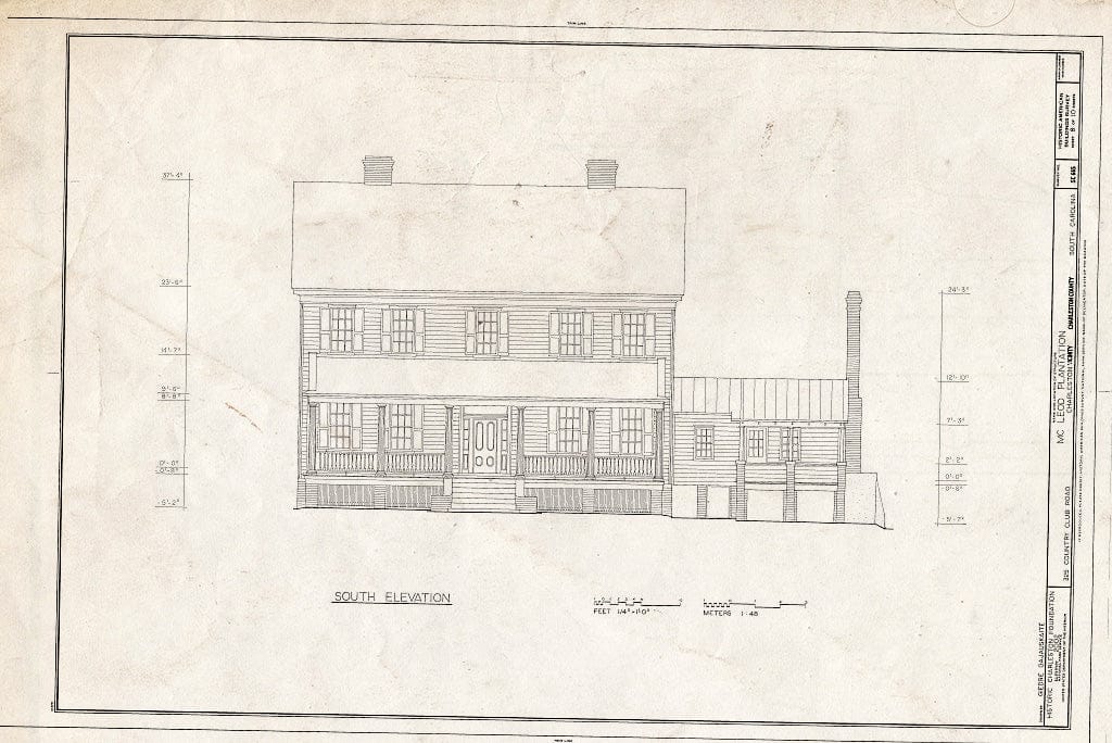 Blueprint South Elevation. - McLeod Plantation, 325 Country Club Drive, Charleston, Charleston County, SC