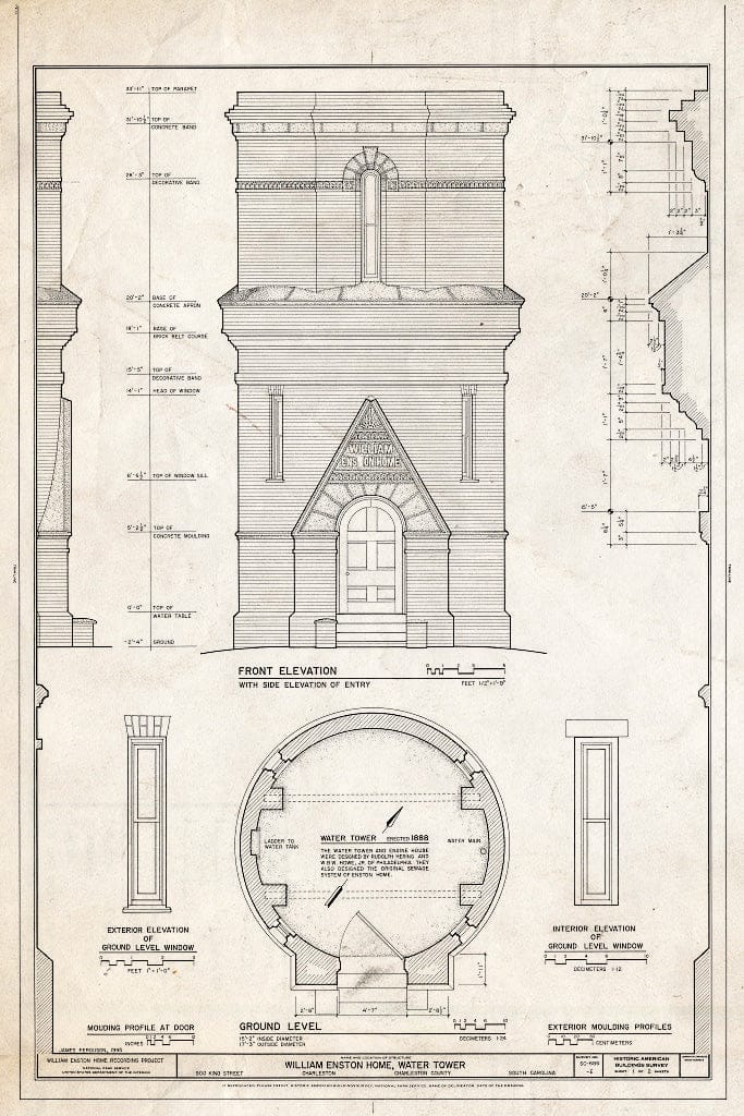 Blueprint HABS SC,10-Char,354E- (Sheet 1 of 2) - William Enston Home, Water Tower, 900 King Street, Charleston, Charleston County, SC