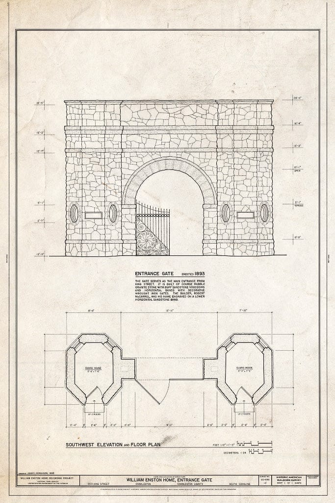 Blueprint HABS SC,10-Char,354F- (Sheet 1 of 1) - William Enston Home, Entrance Gate, 900 King Street, Charleston, Charleston County, SC