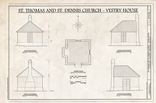 Blueprint 1. Elevations and Plan - St. Thomas and St. Dennis Church, Vestry House, 1507 Cainhoy Road, Wando, Berkeley County, SC
