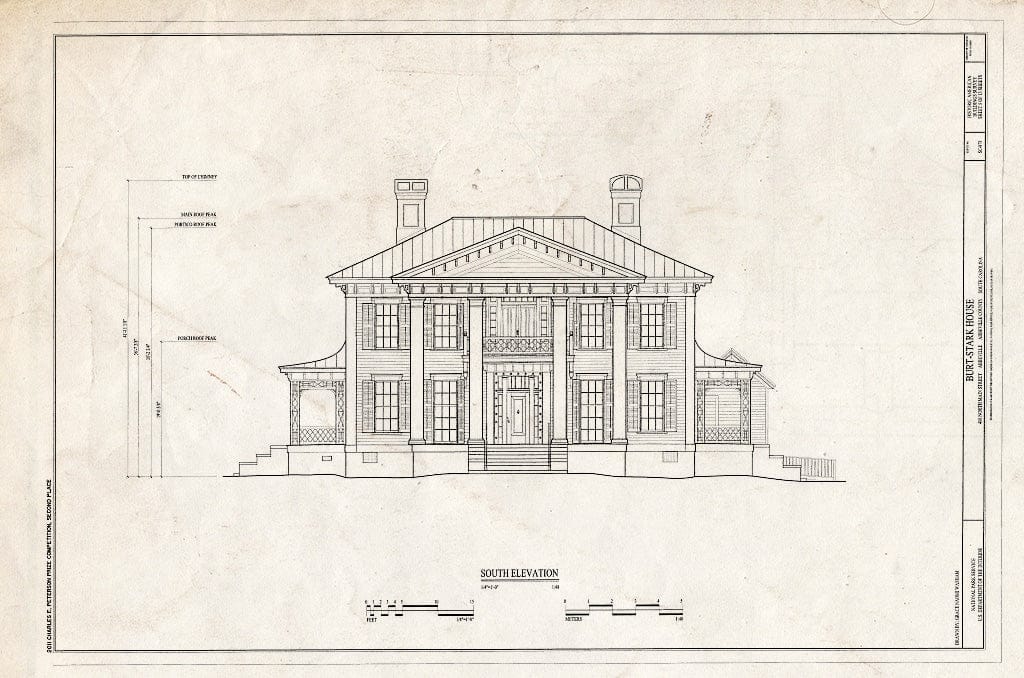 Blueprint South Elevation - Burt-Stark Mansion, 400 North Main Street, Abbeville, Abbeville County, SC
